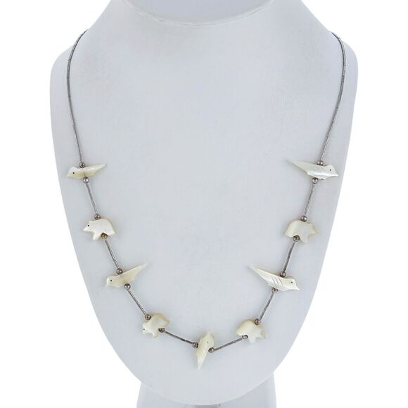 Native Liquid Silver 925 Carved Mother Of Pearl Animal Fetish Necklace 24" - Picture 1 of 4